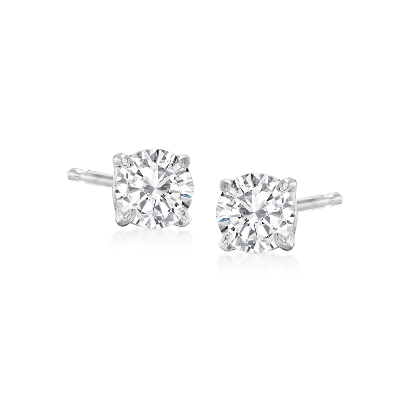 Round diamond stud earrings in 14kt white gold, prong-set round stones