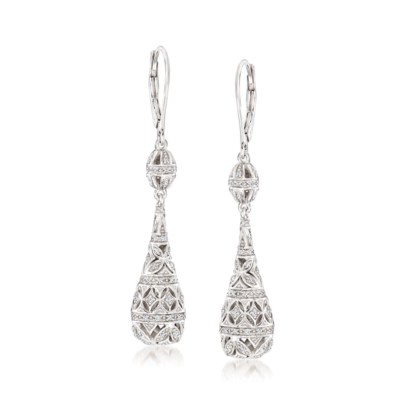 Sterling silver diamond teardrop leverback earrings with dangling ornate drops