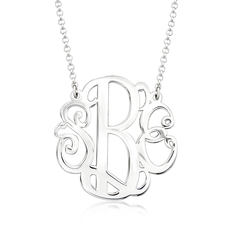 Sterling silver monogram necklace with large letter pendant and chain, round link design
