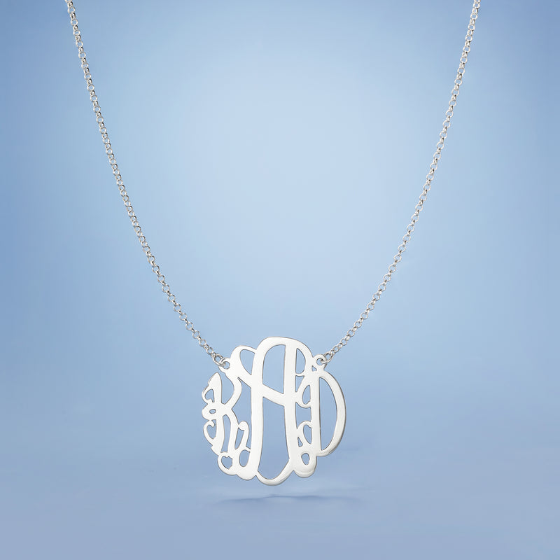 Sterling silver monogram pendant necklace with small hoop chain and bold letter charm