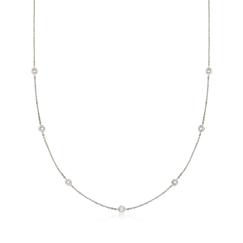 14kt white gold diamond station necklace with small round bezel-set stones