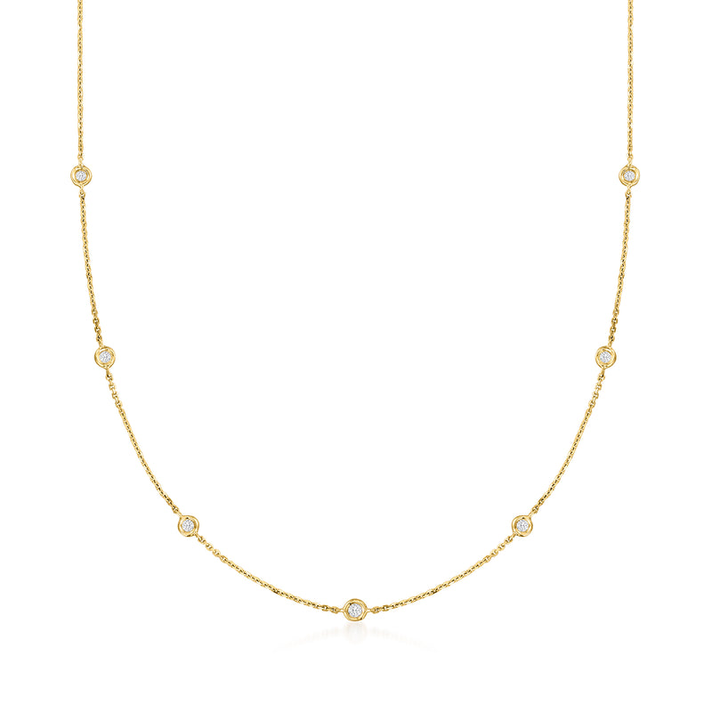 14kt yellow gold diamond station necklace with small round stones, station-style links