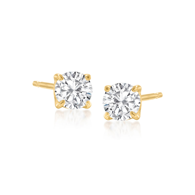 14kt yellow gold round diamond stud earrings, prong-set with small posts