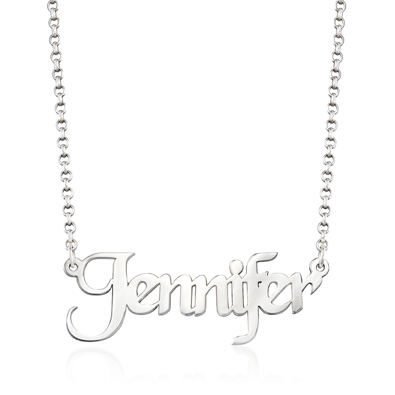 Sterling silver name necklace with cursive pendant and linked chain.
