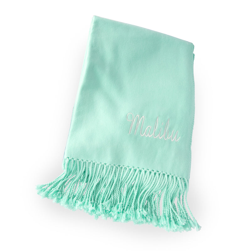 Seafoam green ultra-soft throw blanket with script monogram and fringe trim