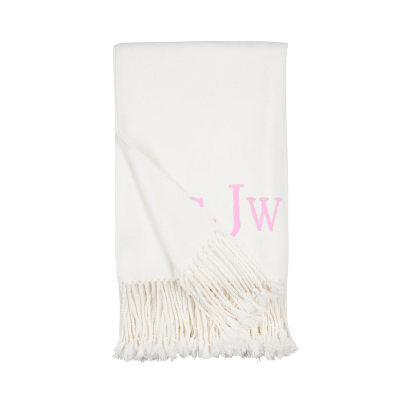 Ivory fringe throw blanket with pink 'W' monogram