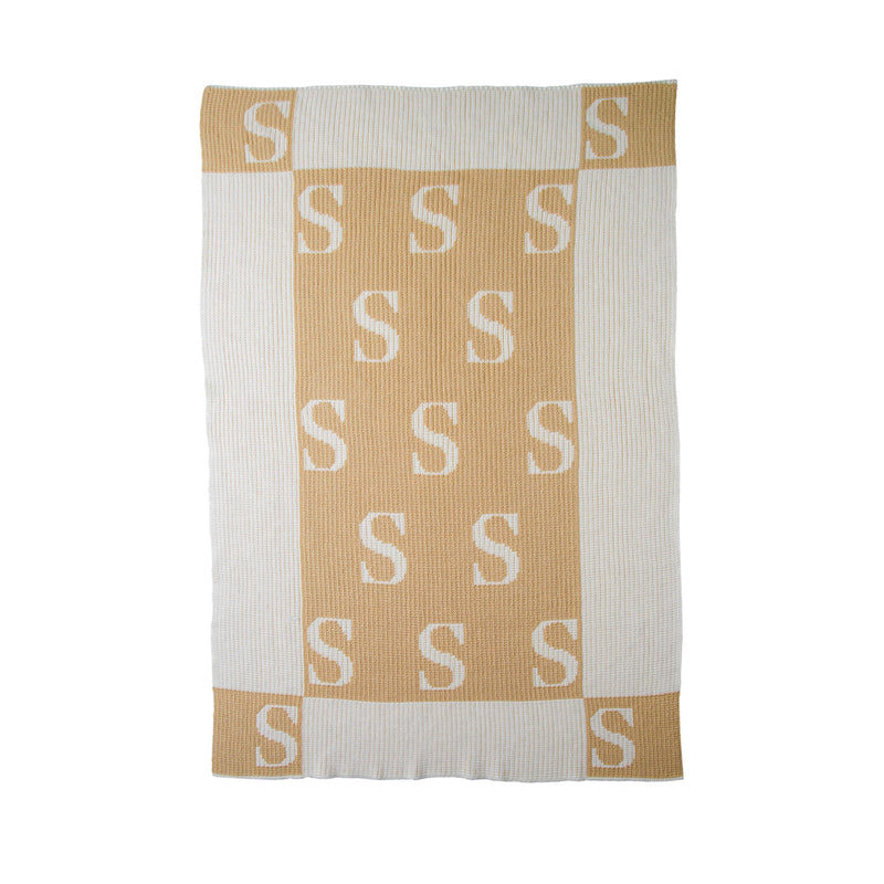 Butterscotch and white striped personalized blanket with repeated S initial blocks