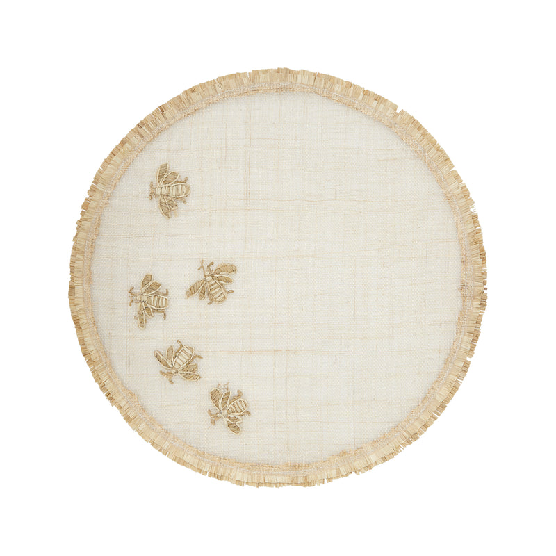 Round woven straw-look placemat with beige fringe and small bee embroidery, off-white center