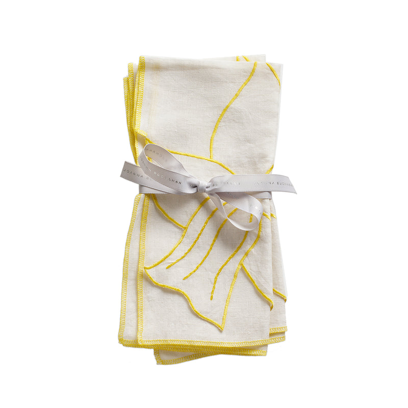 Set of 2 linen dinner napkins, off-white with yellow daffodil line pattern