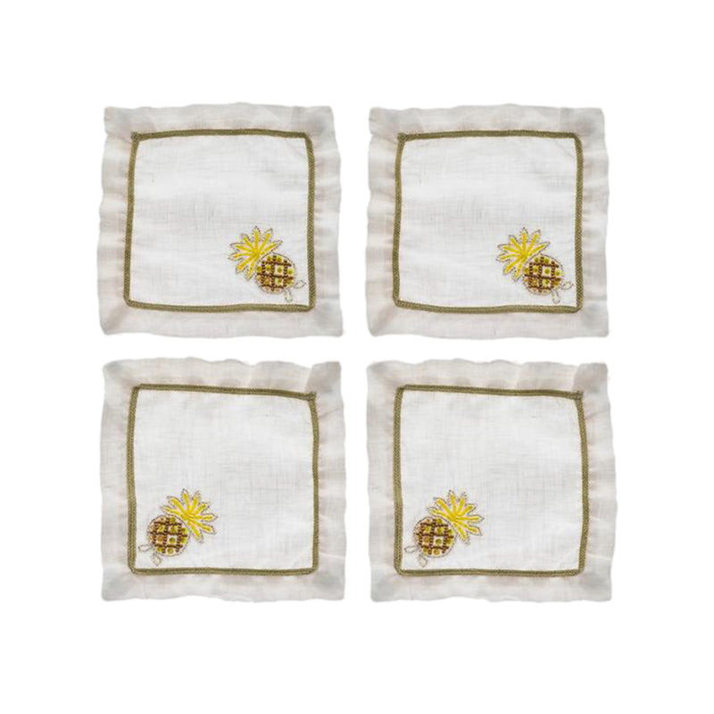 Joanna Buchanan set of 4 linen cocktail napkins, white with gold pineapple embroidery