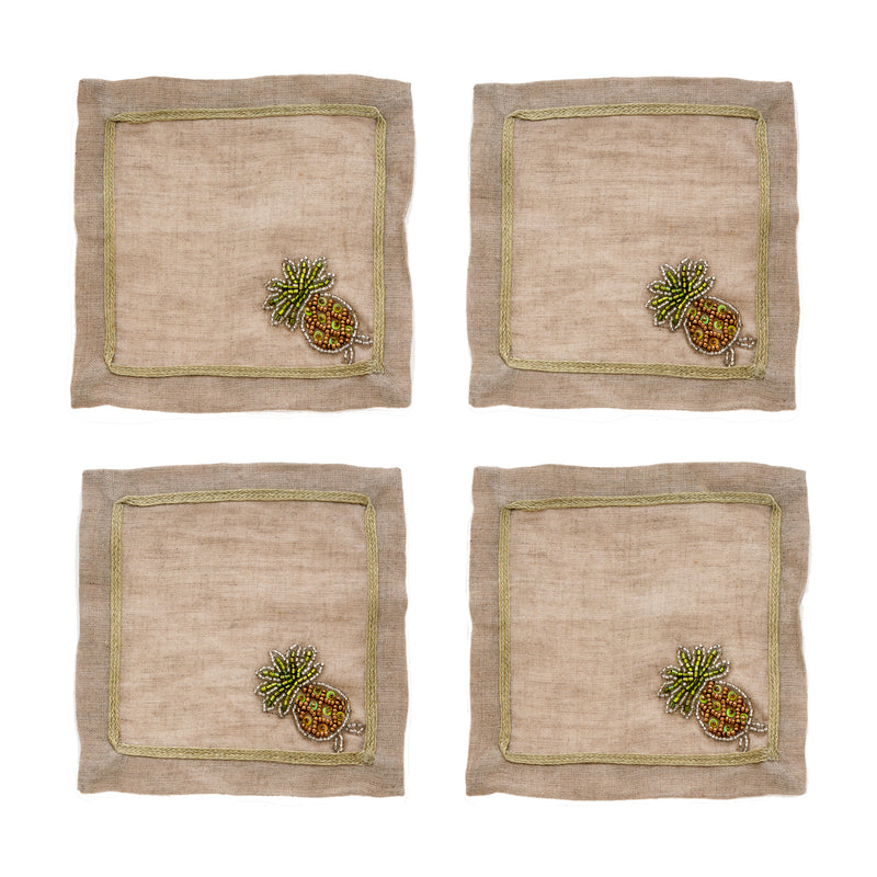 Set of 4 linen cocktail napkins, square design with pineapple embroidery, tan