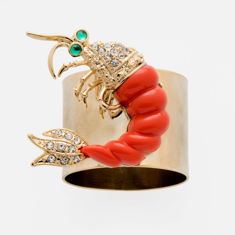 Gold-tone shrimp napkin ring set of 2 with red enamel claws, turquoise eyes, rhinestones