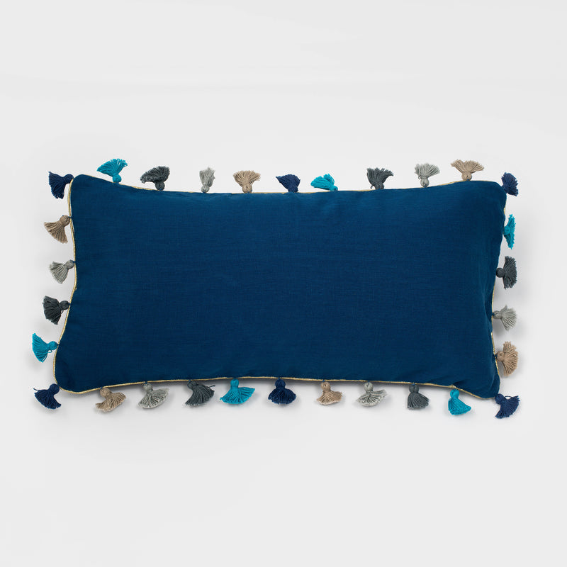 Indigo linen mini lumbar pillow with multicolor tassel trim