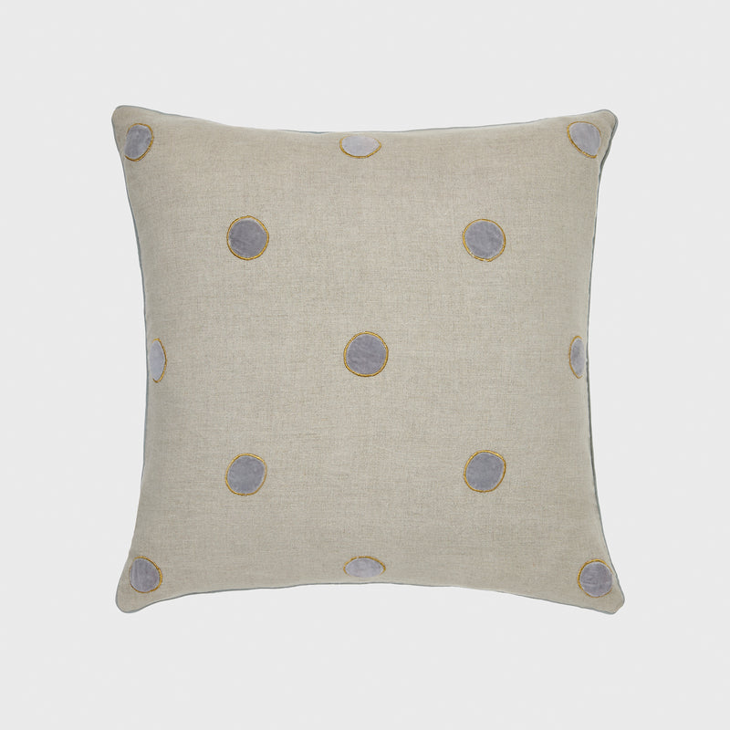 Joanna Buchanan gray linen velvet dot pillow, light gray with circular gold trim