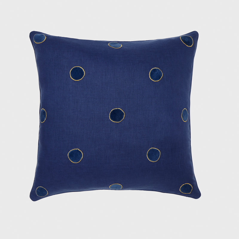 Joanna Buchanan indigo linen velvet dot pillow, blue with gold circle trim