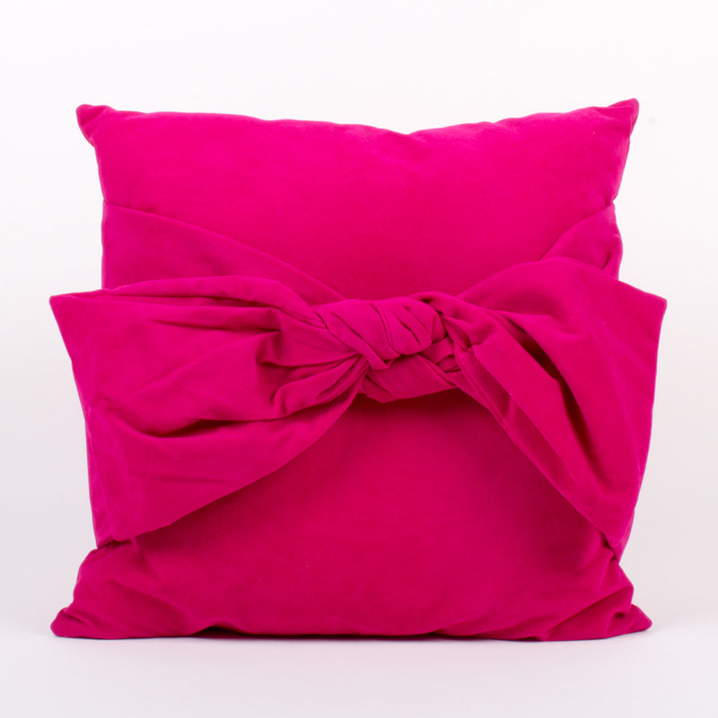 Magenta velvet throw pillows set with large front bow, square design