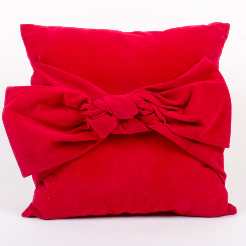 Set of 2 red velvet throw pillows with large front bow