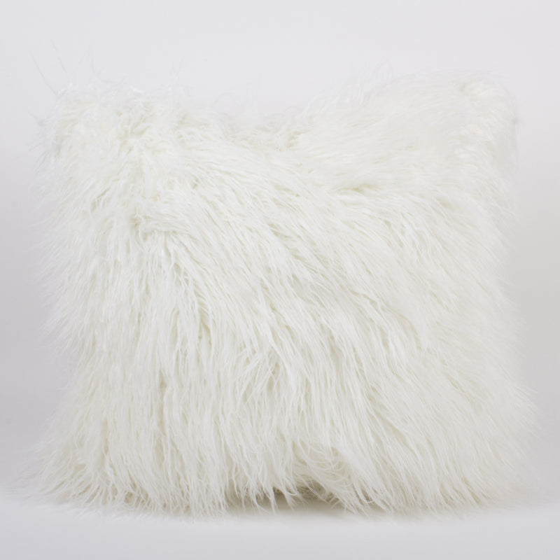 Mongolian fur throw pillow set, two white faux fur square pillows
