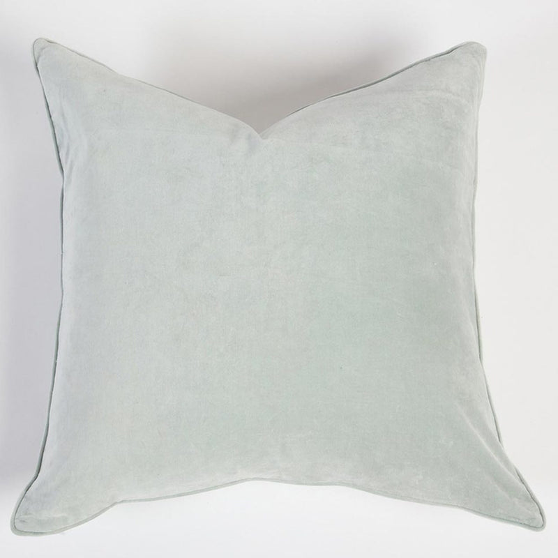 Set of 2 pale turquoise velvet throw pillows, plain square front with knife-edge seams