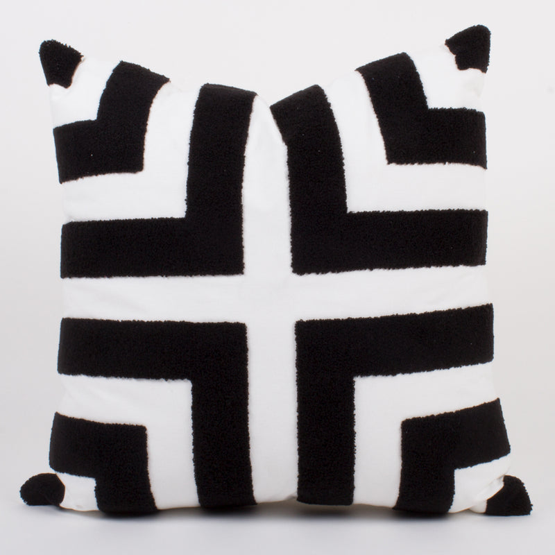 Terry loop throw pillow with black cross design on white