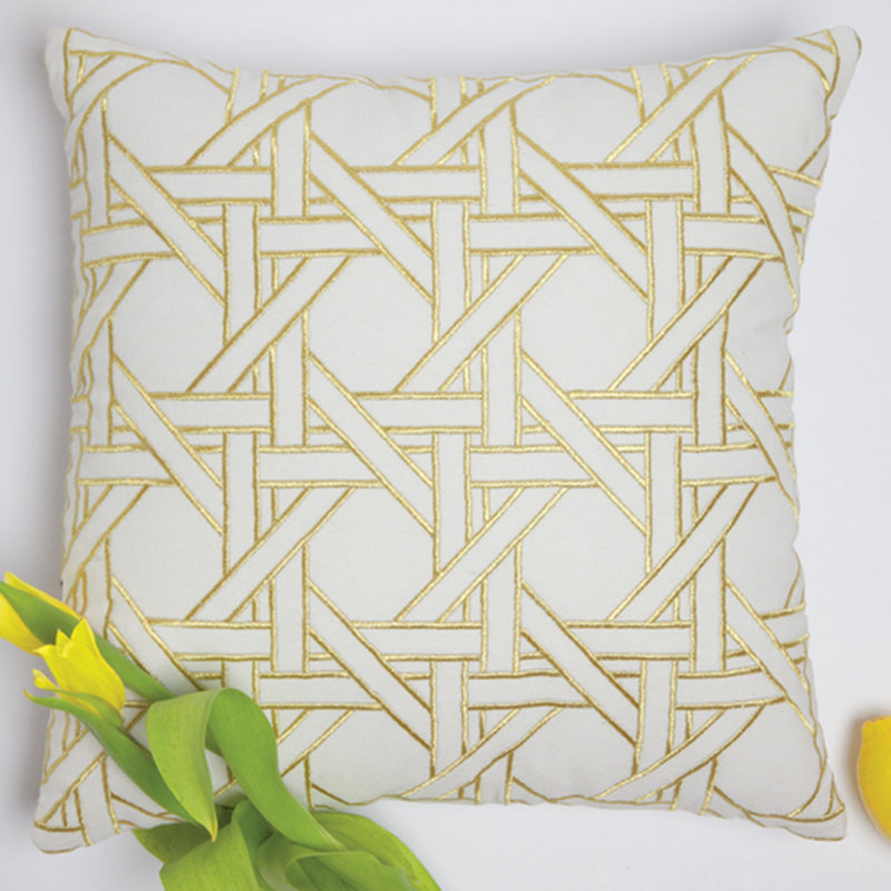 Set of 2 geometric throw pillows with gold and white lattice pattern