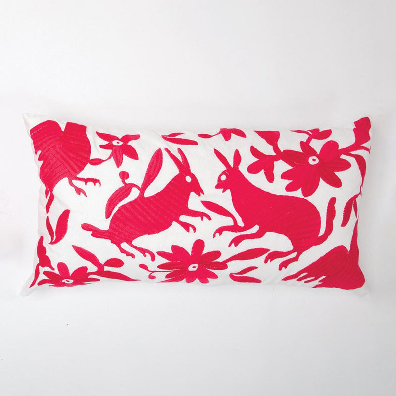 Fuchsia and white folk art lumbar pillow with bird and floral motif