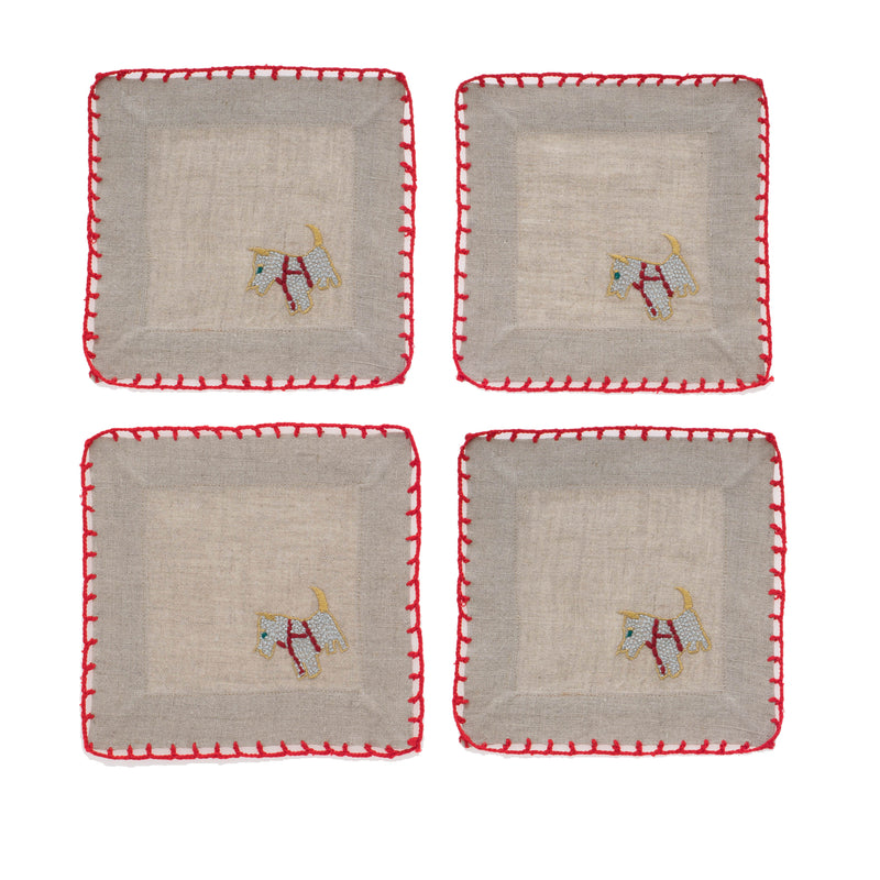 Set of 4 square cocktail napkins, red stitched border, scottie dog center