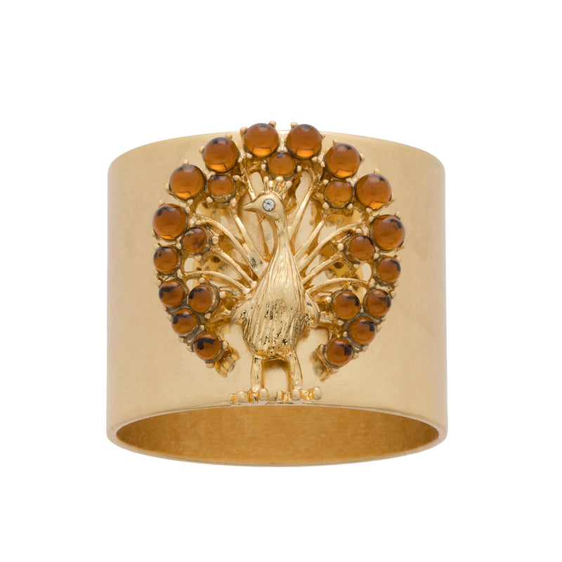Gold-tone turkey napkin ring with bead fan and central tree-bird motif (set of 2)