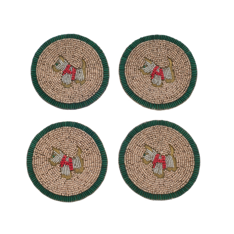 Joanna Buchanan set of 4 scottie dog beaded coasters with green fringe