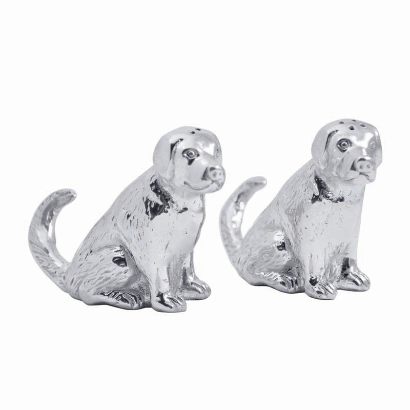 Mariposa Labrador salt and pepper shakers, two silver sitting dog figurines