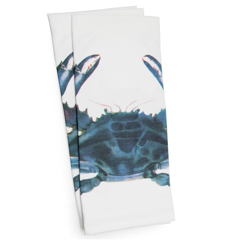 Set of 4 kitchen towels with blue crab illustration on white fabric