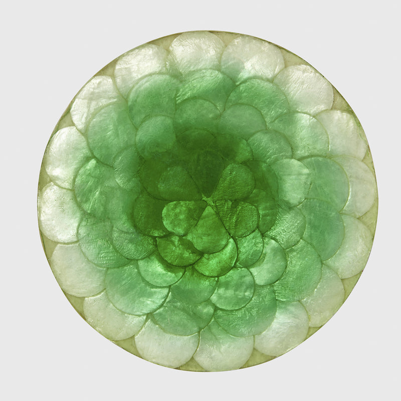 Round capiz coaster set of 4, green and white layered shell design