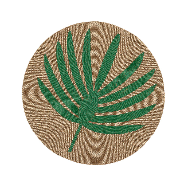Palm frond placemat with green leaf design on round woven jute-like background
