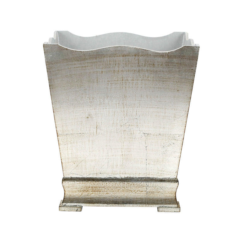 Decorative waste basket with distressed cream finish and platinum-trimmed top edge