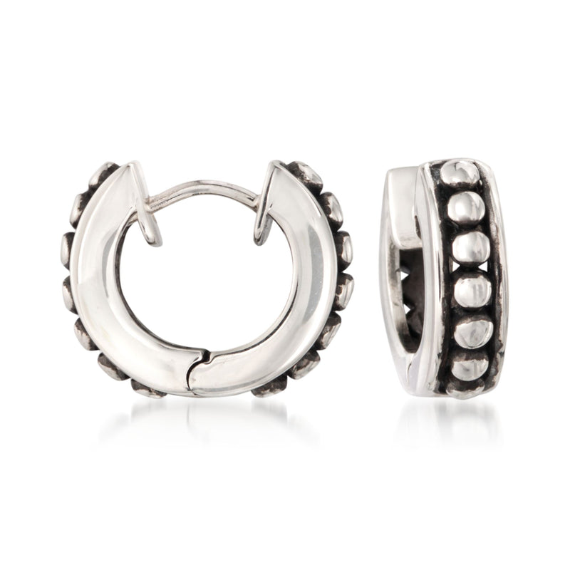 Sterling silver beaded hoop earrings with raised bead detail on the outer band