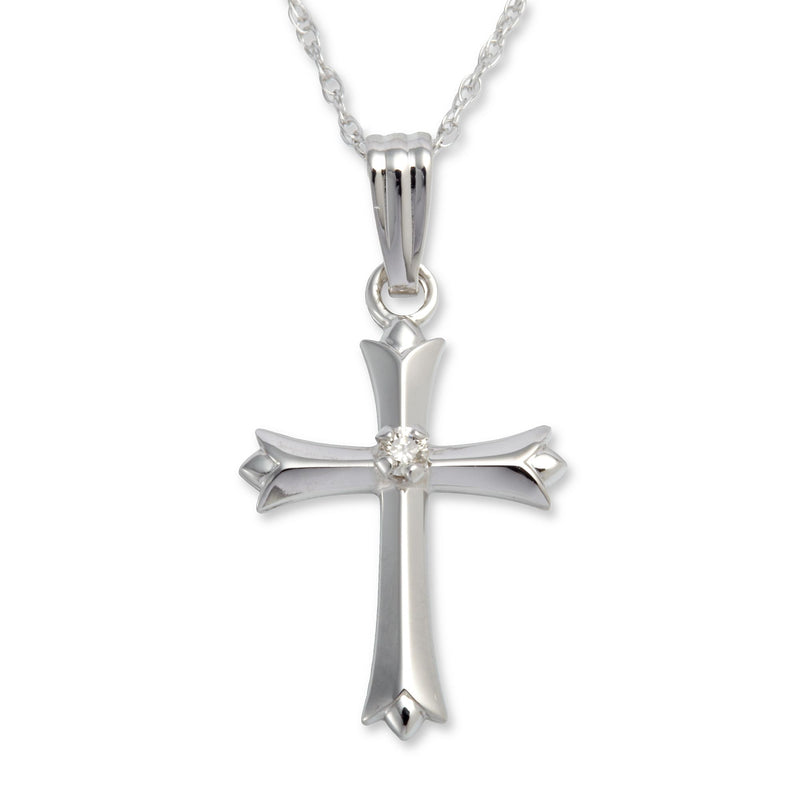 14kt white gold cross pendant necklace with single diamond, small chain
