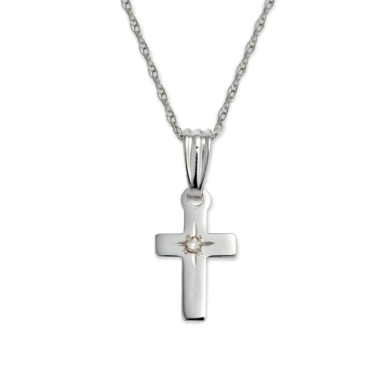 14kt white gold cross pendant necklace with a single diamond center