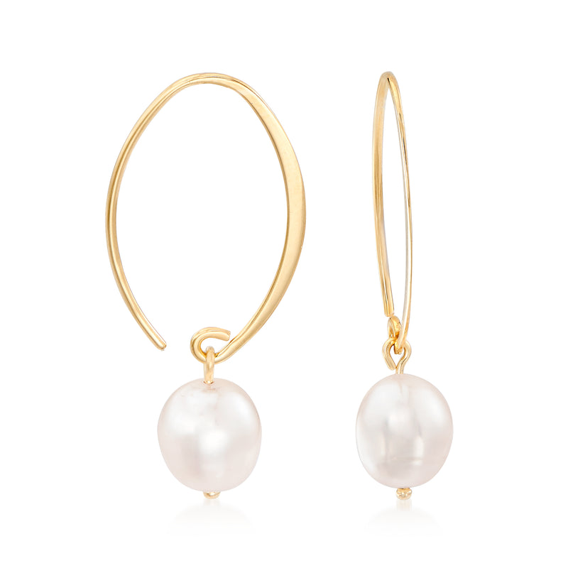 Yellow gold earwire loop earrings with round white cultured pearl