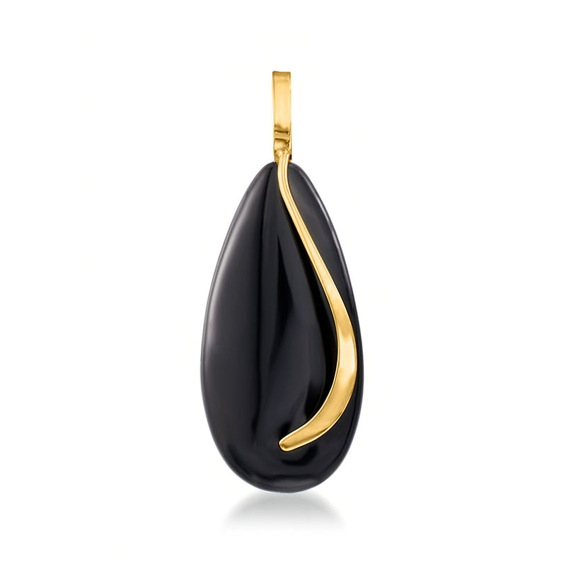 Onyx teardrop pendant in 14kt yellow gold, black cabochon with curved gold edge