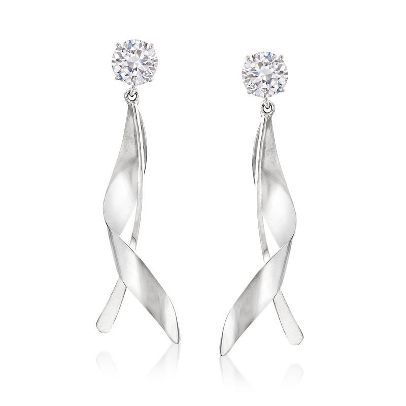 Twisted drop earring jackets with round gemstone tops in 14kt white gold