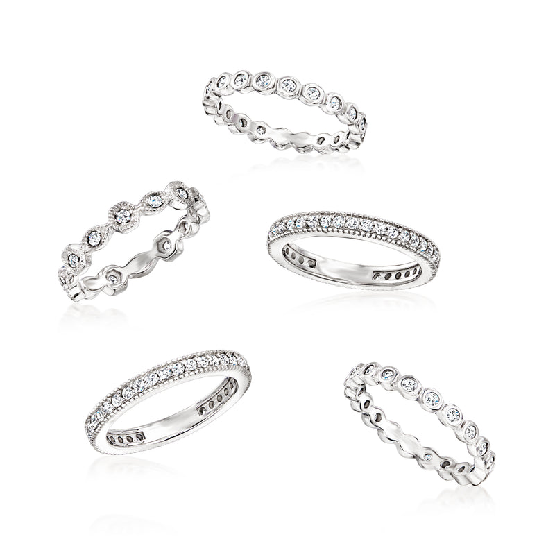 Five sterling silver CZ eternity bands, five ring styles shown separately