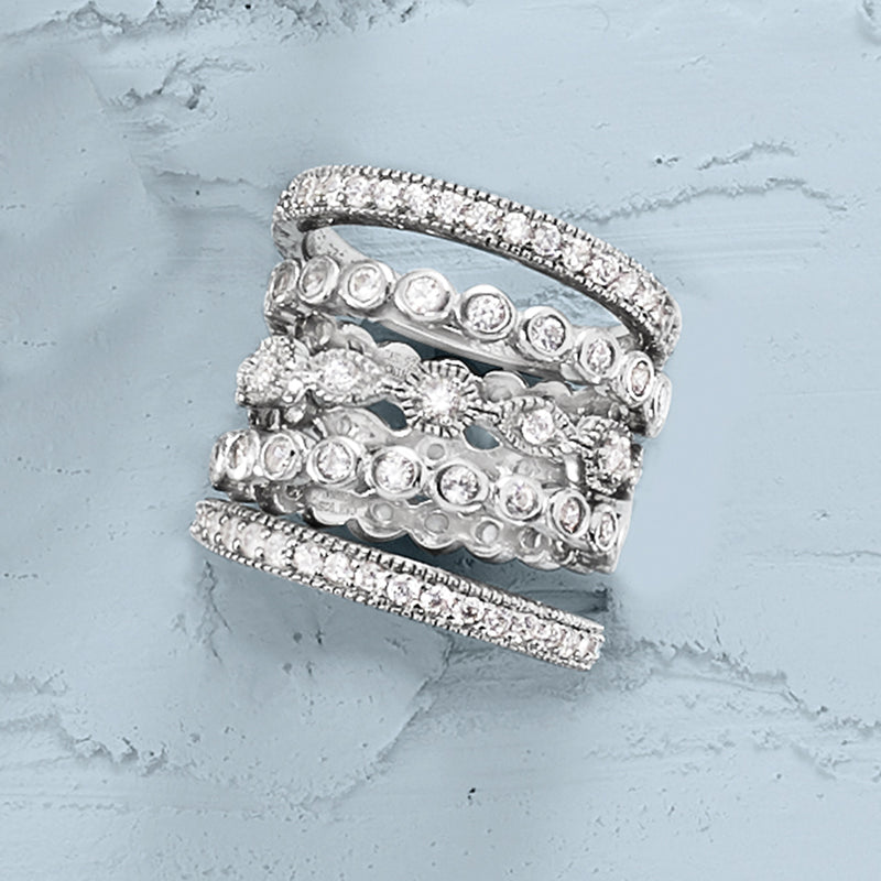 Sterling silver five-band CZ eternity ring set, stacked