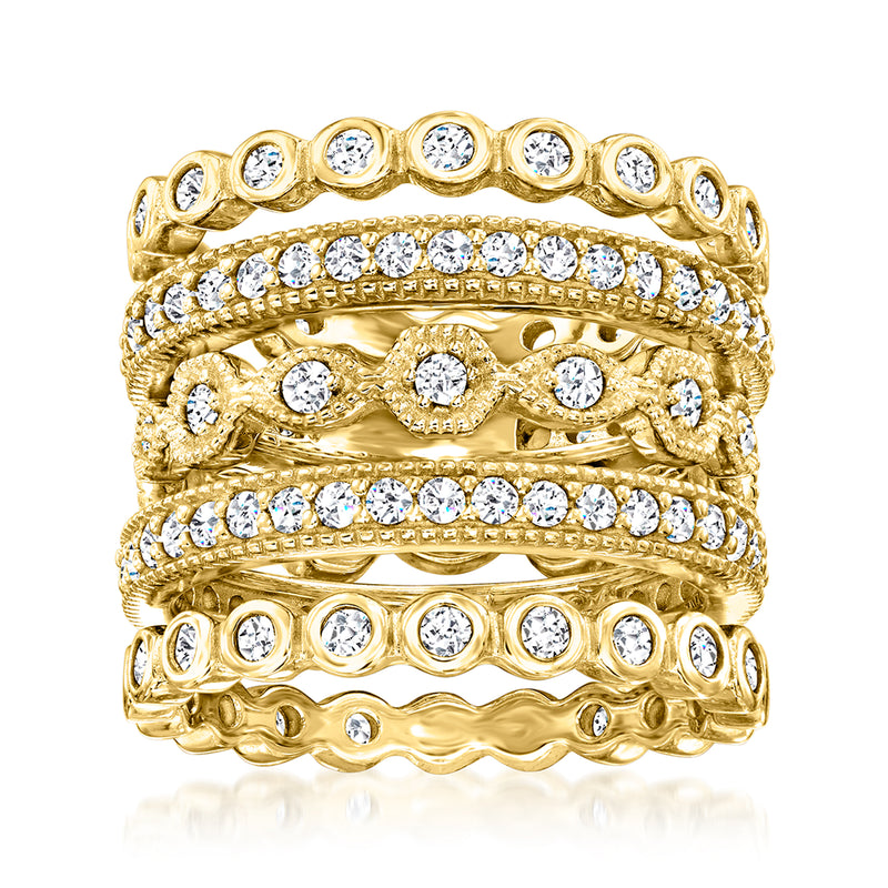 Gold-tone CZ eternity band stack with five rows of round clear stones on each band