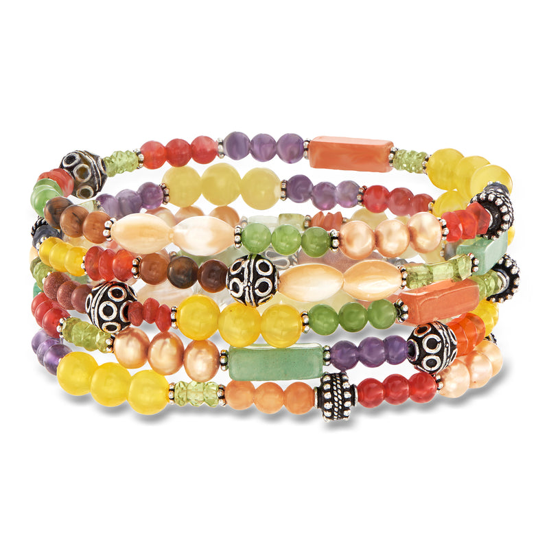 Five multi-gemstone bead stretch bracelets with silver-tone charms and spacers