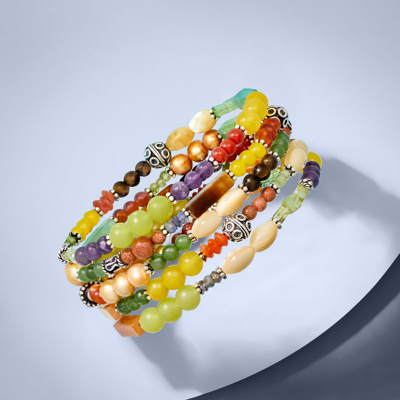 Five bead stretch bracelets with colorful gemstones and silver-tone patterned spacers