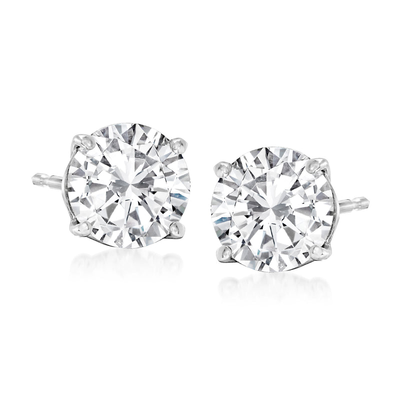 14kt white gold round diamond stud earrings, four-prong settings
