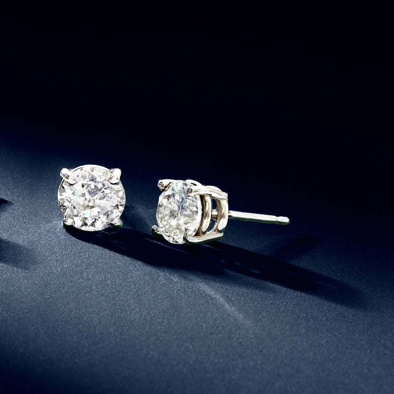 14kt white gold round diamond stud earrings, front and post back view