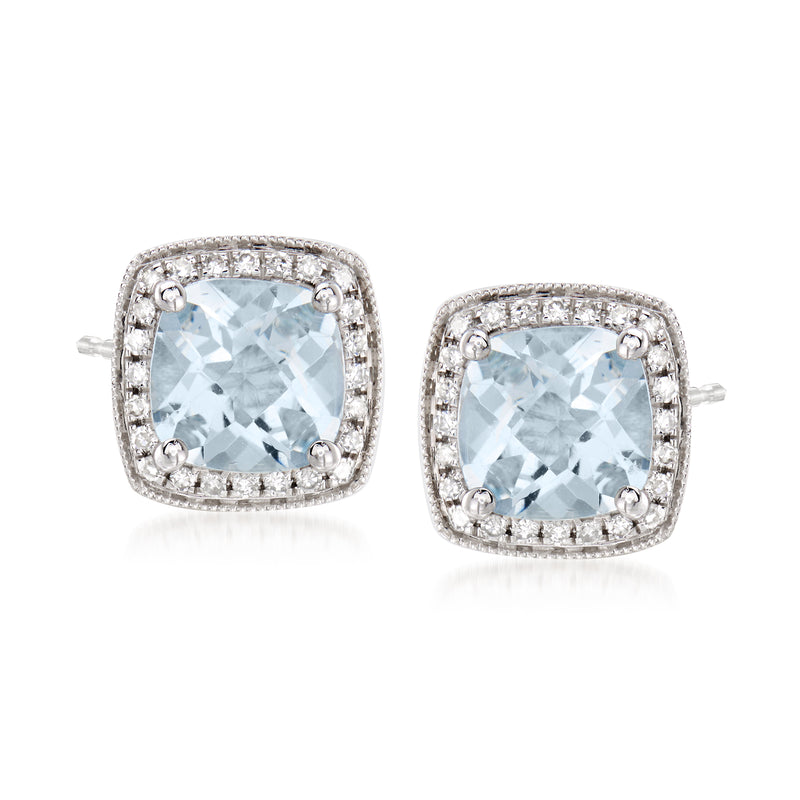 Aquamarine and diamond cushion halo stud earrings in 14kt white gold