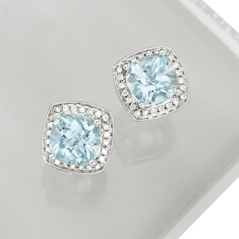 Aquamarine and diamond cushion halo stud earrings, pair view, 14kt white gold
