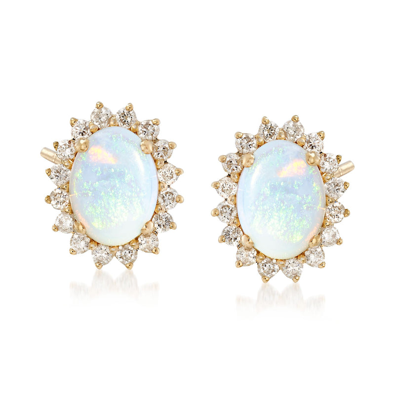 14k yellow gold opal oval stud earrings with diamond halo and post backs